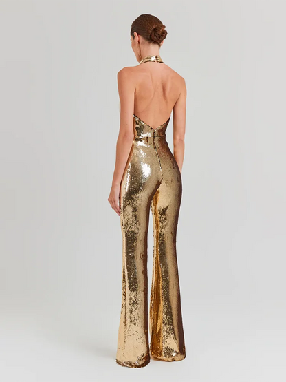 Women's Sleeveless Gold Sequin Jumpsuit Sexy V Neck Sparkle Sequined High Waist Wide Leg Pants Jumpsuit Celebrity Evening Party Badiee Stylez