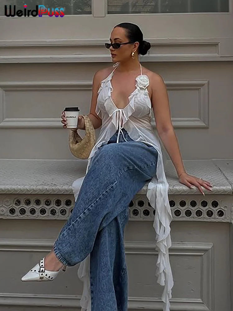 Weird Puss Ruffles Flowers Tank Tops Women Mesh Summer Sexy Deep V-Neck Irregular Tassel Halter Backless Camisole Wild Street