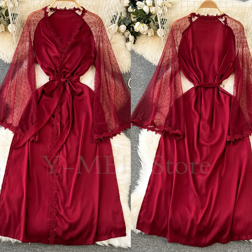Sexy Embroider Edge Lady Kimono Bathrobe Dress Gown Mesh Sleeve Wedding Long Robe Sleepwear Loose Silk Satin Nightwear Lingerie