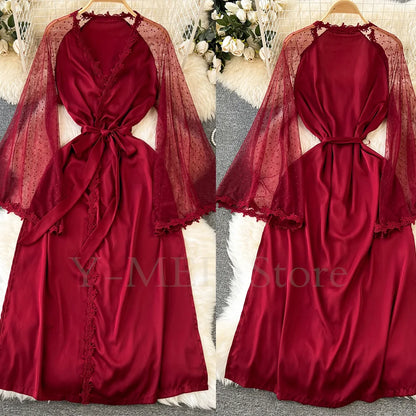 Sexy Embroider Edge Lady Kimono Bathrobe Dress Gown Mesh Sleeve Wedding Long Robe Sleepwear Loose Silk Satin Nightwear Lingerie