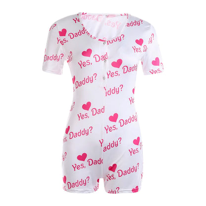 Sexy Playsuits Women Sleepwear Buttons V-neck Bodycon Short Romper Jumpsuit Leotard Printed Short Sleeve Summer Bodysuits Female M