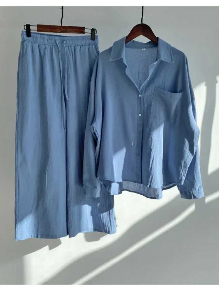Pants Set Women Shirts Wide Leg Elastic Waist Cotton Linen Casual Sets Elegant Loose Long Sleeve Lapel Spring Shirt Y2k Suit Blue Set