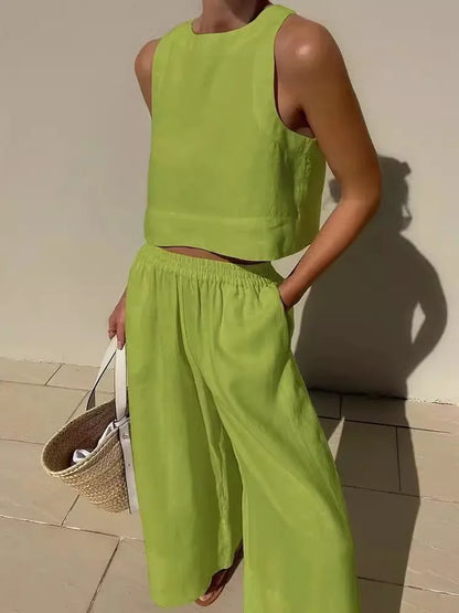 Women's Solid Color Casual Sleeveless Shirt And Pants Two Piece Summer Loose Simple Wide Leg Pants Vest Female 2025