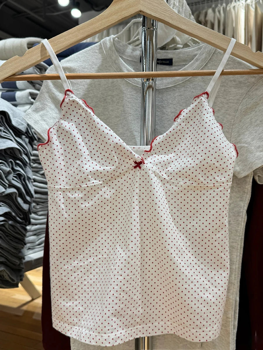 Floral Print Bow V Neck Camis Women Chic Lace Trim Sleeveless Slim Crop Tops Vest Sweet Casual Fashion Raw Hem Tank Top Y2k New Red dot One Size
