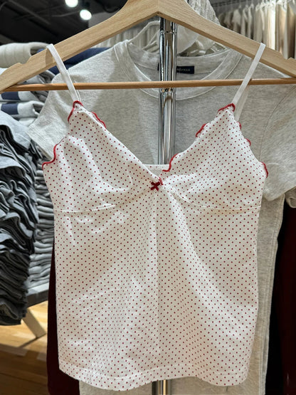 Floral Print Bow V Neck Camis Women Chic Lace Trim Sleeveless Slim Crop Tops Vest Sweet Casual Fashion Raw Hem Tank Top Y2k New Red dot One Size