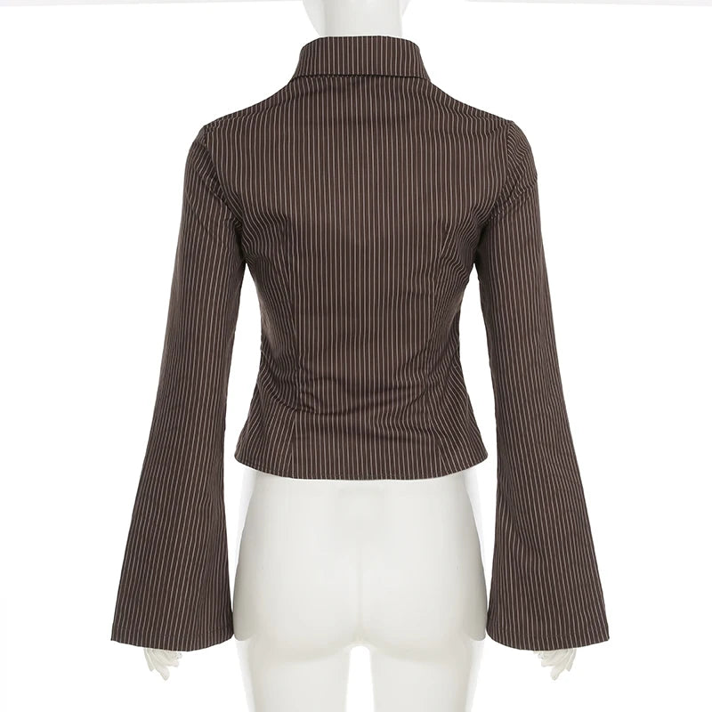 New Women Striped Shirt Casual Turn Down Collar Flare Sleeve Slim Fit Button Up Blouse Minimalist Aesthetic