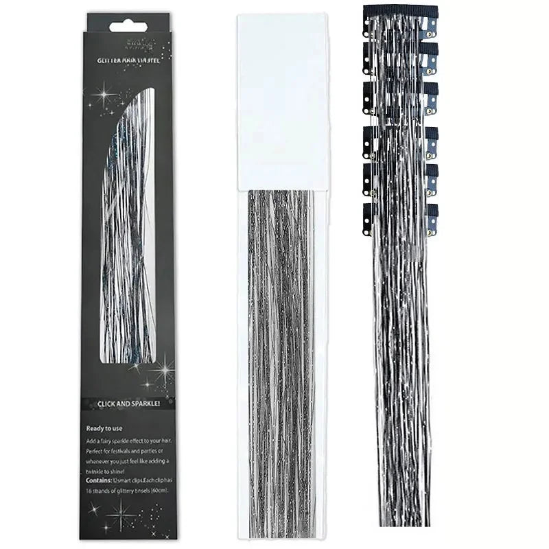 6-Piece Set BB Clip Tinsel Hair Metal Laser Gold Thread PET Laser Thread Highlighting Cross-Border Hair Accessories BB clip laser black tassel (6 black boxed)