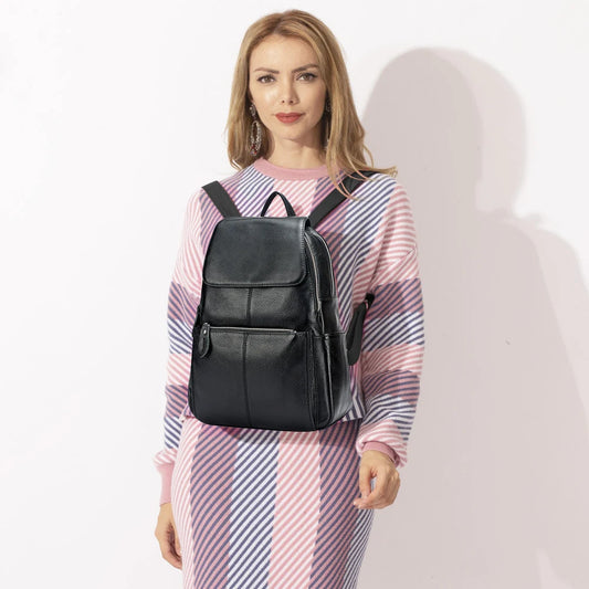 Zency Genuine Leather Women Backpack High Quality Large Capacity Travel Bag Knapsack Schoolbag Shoulder For Ladies Beige Black