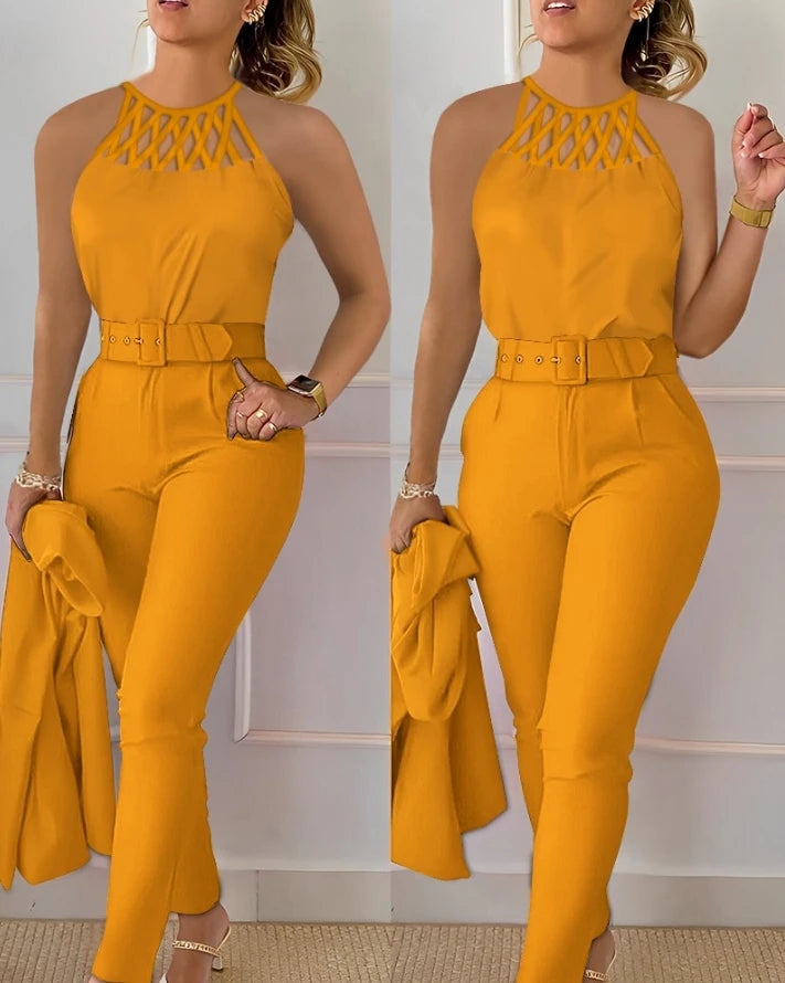 Two Piece Set Women Outfit 2024 Summer Fashion Hollow Out Round Neck Sleeveless Tank Top & Casual Pocket Daily Pants Set E