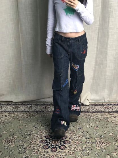 Karrram Vinatge Y2k Baggy Jeans Japanese 2000s Style High Waist Flared Jeans American Retro Denim Cargo Pants Harajuku Trousers