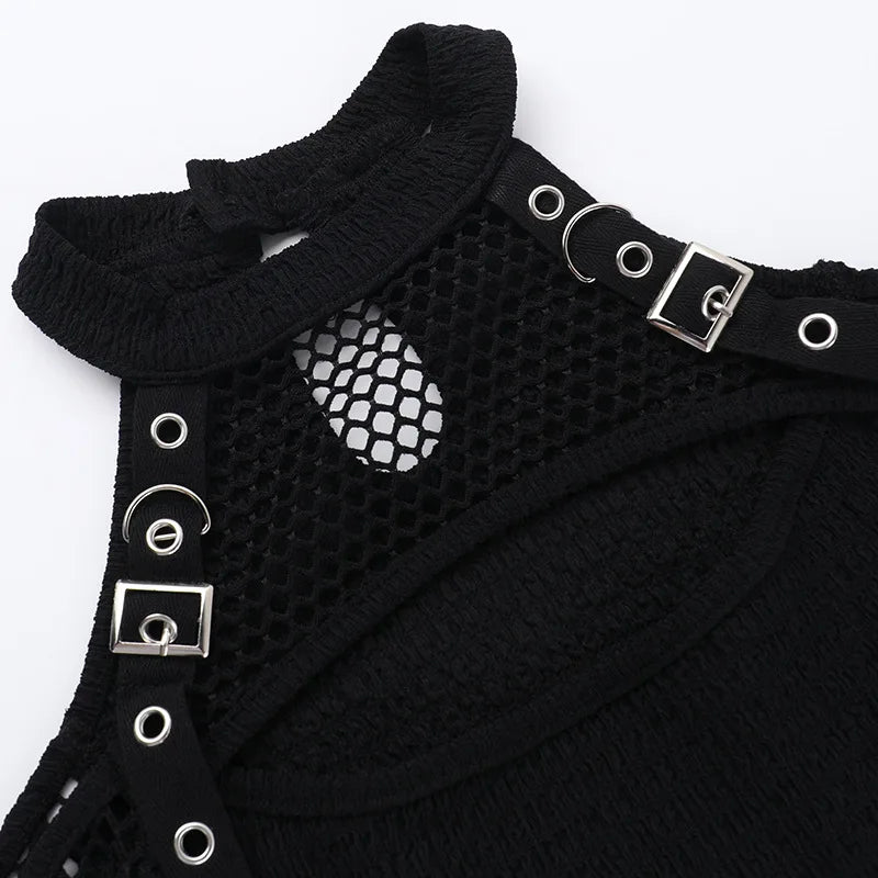 Goth Dark Punk Grunge Fishnet Patchwork Off Shoulder T-shirts Trim Corn Strap Halter Tops Autumn Mall Gothic Streetwear T-shirt