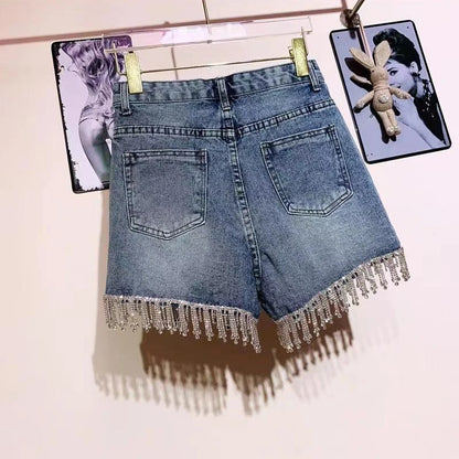 Sexy Wimen Rhinestones Fringed High Waist Hot Drilling Denim Shorts Diamonds Tassels Jeans Hot Pants Chic Crystal Short Trousers