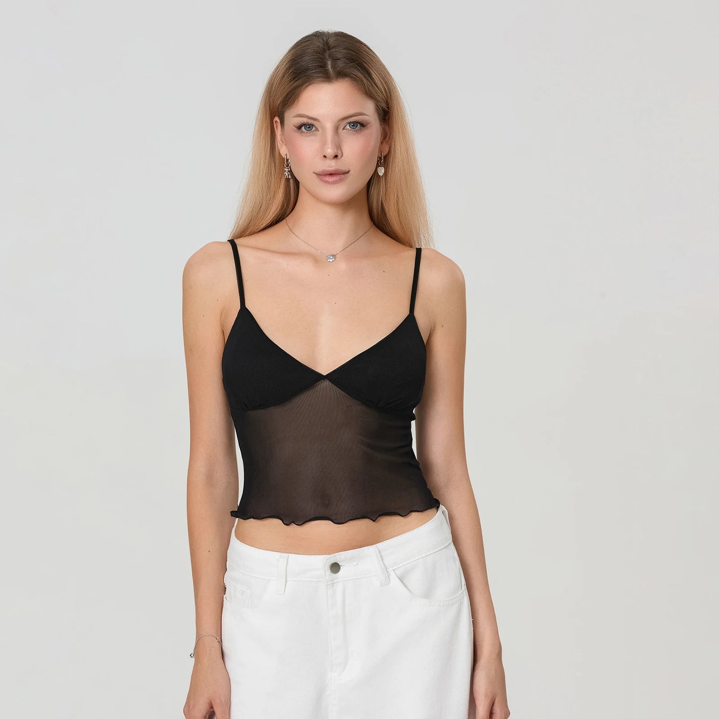 Women Camisole Tops Spaghetti Straps Tulle Patchwork Slim Fit Tank Tops Party Club Sexy Vinateg Corset Cropped Top Summer black