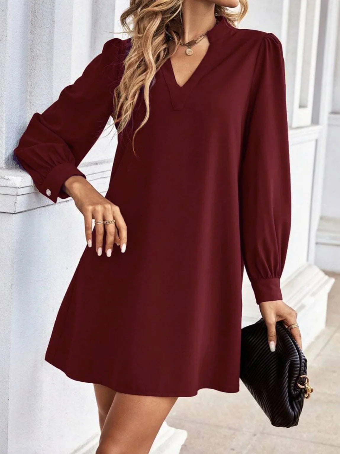 Office Lady Shirt Style Dresses Women's V-neck Long Sleeved Mini Dress Spring Autumn Solid Color Work Clothes