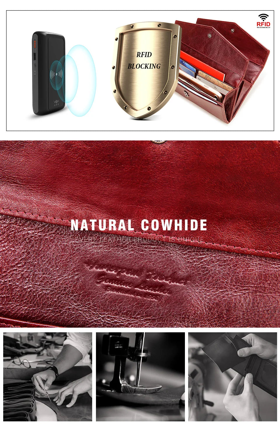 HUMERPAUL Women' s Wallet Top Layer Leather Long Cell Phone Bag with RFID Card Holder Large Capacity Luxury ﻿Ladies Handbags