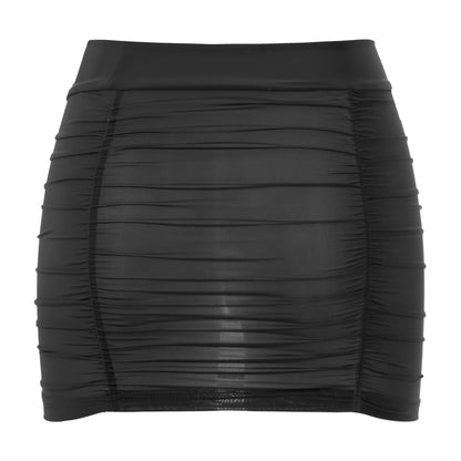 Womens Sexy Bodycon Mini Skirt Ruched Elastic Bands Semi-Sheer Skirt Hip Wrap Lingerie Nightwear Pencil Pole Skirt for Nightclub