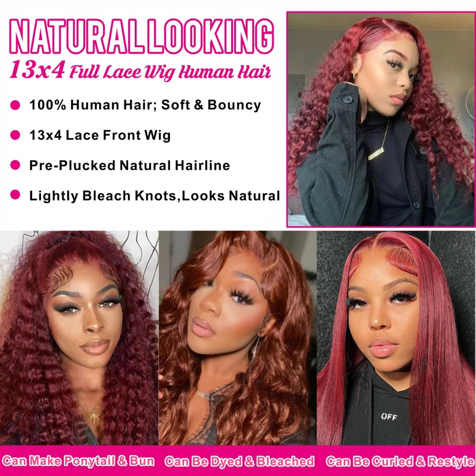 30 36Inch 99J Burgundy 13x6 Hd Lace Frontal Human Hair for women Red Colored 13x4 Transparent Lace Curly deep wave frontal wig Badiee Stylez