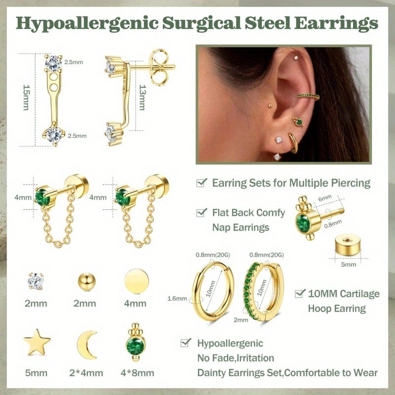 20pcs Stainless Steel Delicate Comfortable Green Gemstone Flat Back Earring Set,Hypoallergenic Small Hoop Earrings Jewelry Gifts