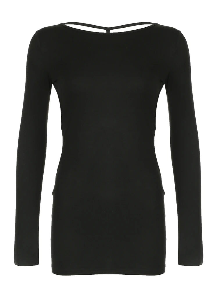 Backless Chic Fashion Skinny Sexy Long Sleeve Short Dress Women Rave Baddie Clubwear Black Solid Party Dresses Black