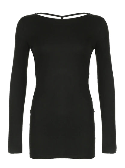 Backless Chic Fashion Skinny Sexy Long Sleeve Short Dress Women Rave Baddie Clubwear Black Solid Party Dresses Black