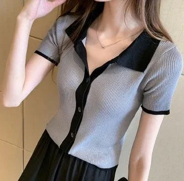Elegant V-Knit Polo Neck Tee - Grey Short Sleeve Women's Top, Trendy & Unique Style