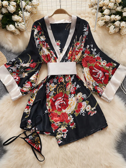 Japanese Sexy Print Kimono Slim Fit V-Neck Nightgown Loose Petal Sleeves Women's Erotic Lingerie Mini Irregular Patchwork Dress