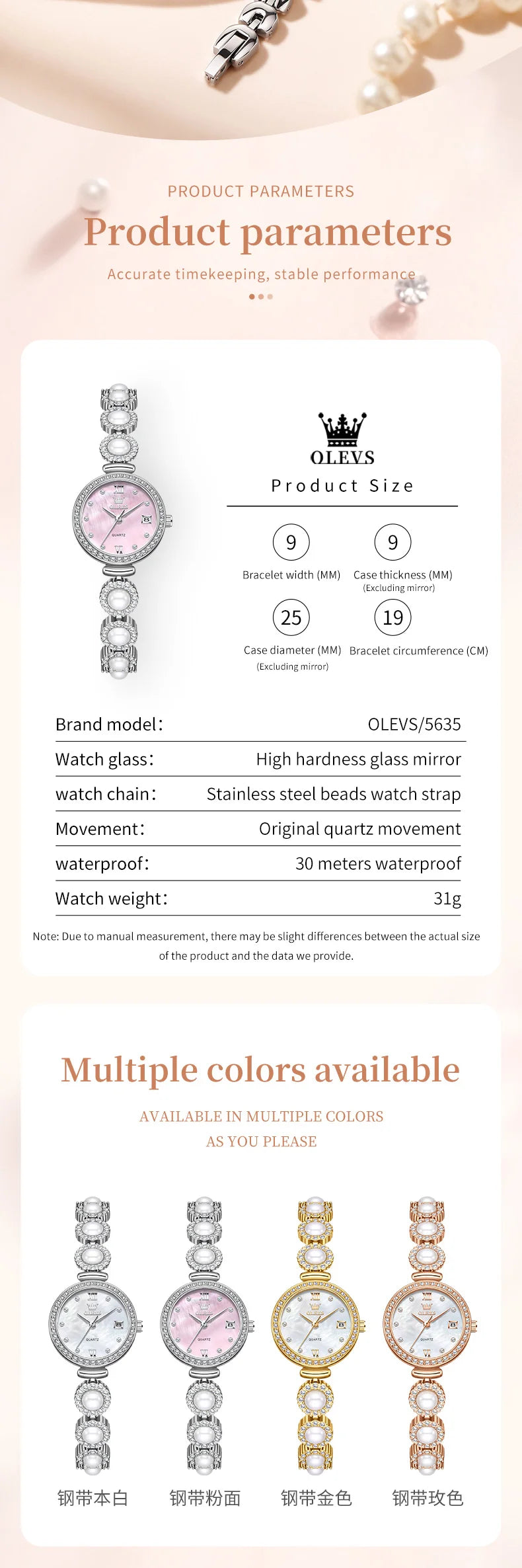 OLEVS 5635 Fully Diamond Pearl Hand Chain Watch Fashion Elegant Waterproof Women's Watches Original Quartz Wrist Watch for Women