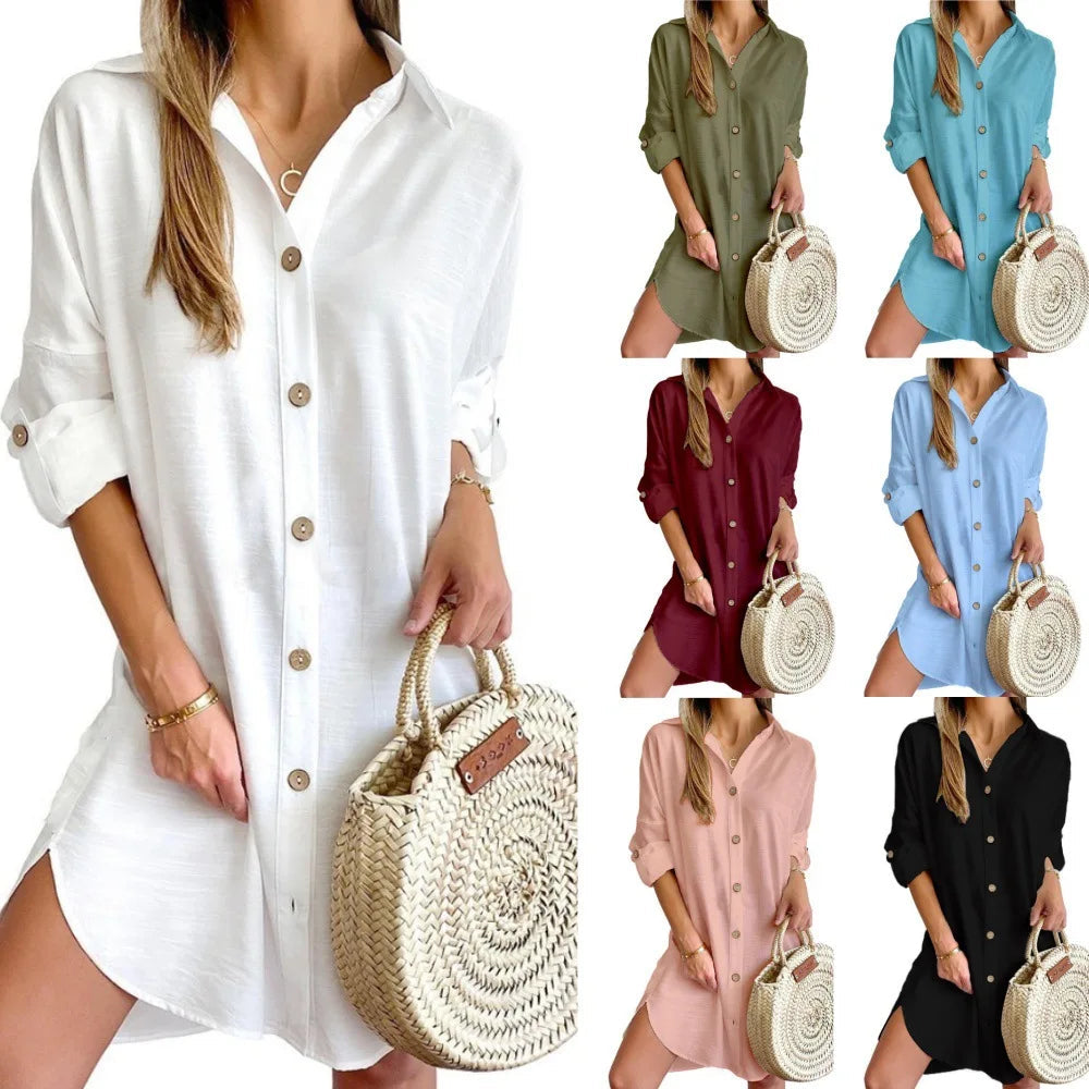 Elegant Women's White Spring And Autumn Casual Long Sleeved Lapel Button Up Shirt Dress 2024 Fashionable Woman Loose Mini Dress Badiee Stylez