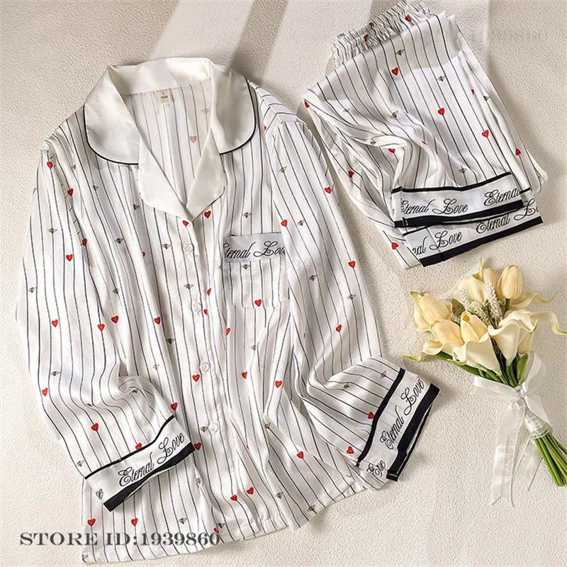 Women Long Sleeve Pajamas 2PCS Set Spring Summer New Sleepwear Loungewear Fashion Stripes Pyjama Pour Femme Loose Satin Homewear White Pajamas 3