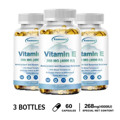 Vitamin E Capsules- Brightens Skin, Tightens Skin, Reduce Wrinkles, Anti-aging, Antioxidant 60 Capsule-3bottles