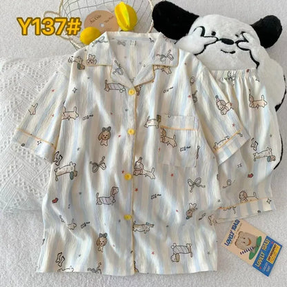 Cute Pink Cloud Cotton Spwear Bear Print Home Clothes Long Sve ort Sve Women's Comfortable Home Suit Summer Thin Y137