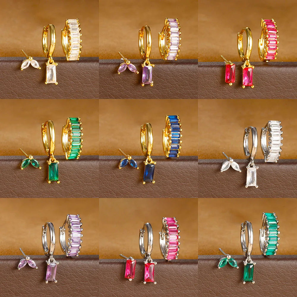 3PCS Stainless Steel Square Earrings Sets for Women Vintage Zircon Pendant Geometry Round Circle Hoop Earrings Piercing Jewelry