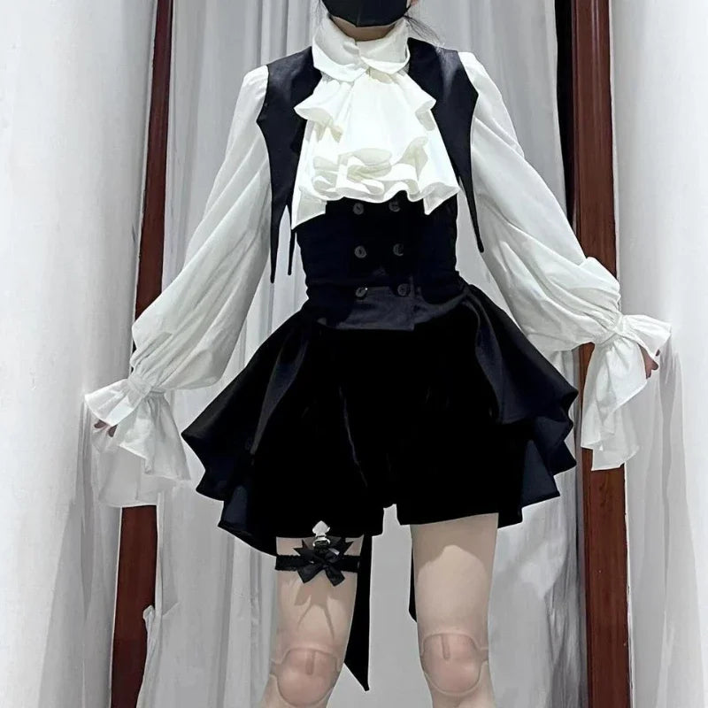 Y2k Aesthetic Lolita Style Bow Dress Shorts Set Japanese Women Gothic Lace Flare Sleeve Button Shirt Dress Punk Party Mini Dress 12400