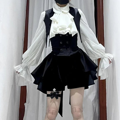 Y2k Aesthetic Lolita Style Bow Dress Shorts Set Japanese Women Gothic Lace Flare Sleeve Button Shirt Dress Punk Party Mini Dress 12400