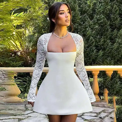 Townlike Lace Patchwork Waist Wrap A-line Dress Women Mini 2024 Autumn Winter Dress Backless Nightclub Sexy Party Dresses