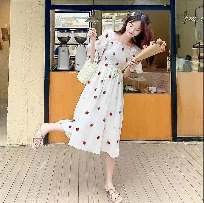 Vintage Kawaii Strawberry Dress Women Sexy Ruffle Puff Sleeve Off Shoulder Embroidery Summer Party Dresses 2023 Korean Elegant