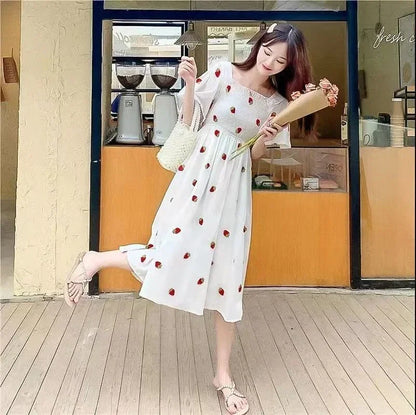 Vintage Kawaii Strawberry Dress Women Sexy Ruffle Puff Sleeve Off Shoulder Embroidery Summer Party Dresses 2023 Korean Elegant