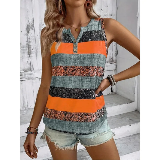 Plus Size 1XL-5XL New Women's Summer Casual Color Block Striped Patchwork Printed V-neck Sleeveless Vest