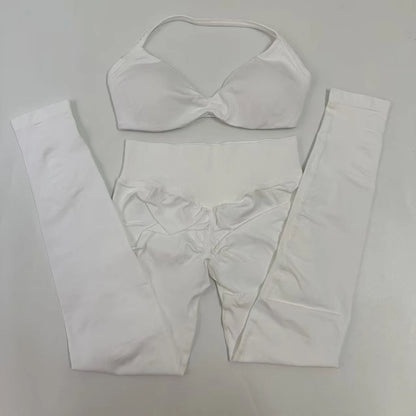 No Logo Seamless Yoga Set Women Workout Scrunch Leggings Set Strappy Halter Sports Bra Fitness Gym Clothing Workout Set 2 Pieces Badiee Stylez