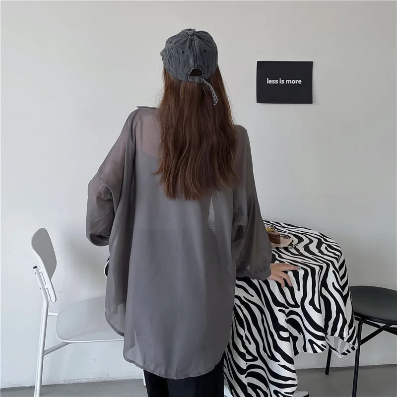 Semi Sheer Long Sleeve Shirt for Women Shimmer Button Down Collared Plain Lightweight Shirt Spring Summer Chic Tops Outfit