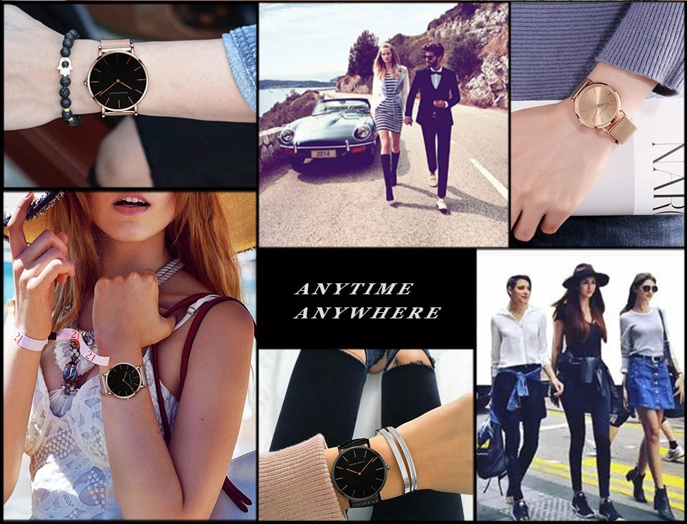 HANNAH MARTIN Brand Classic Women Quartz Watch 36mm Rose Gold Stainless Steel Mesh Strap Japanese Movement Girl Gift Wrist Watch