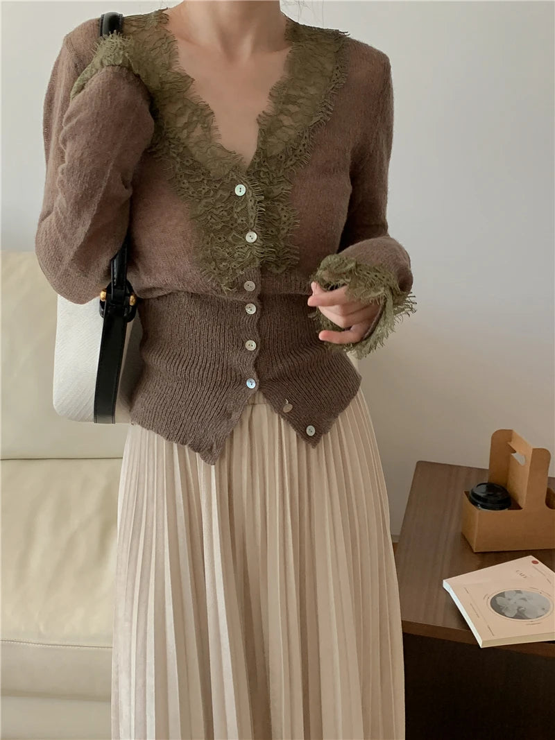 High-fashion Kawaii Botton Up Lace Patchwork Knitted Cardigan Women Autumn Winter Ladies Elegant Vintage Sweater Cheap Wholesale