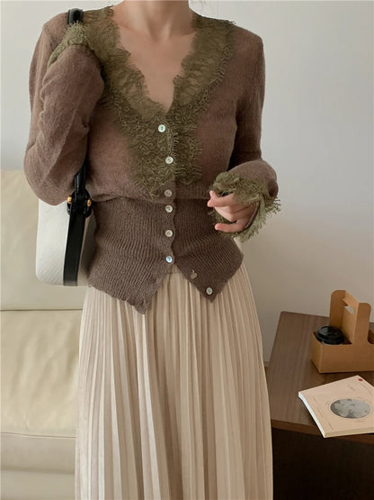 High-fashion Kawaii Botton Up Lace Patchwork Knitted Cardigan Women Autumn Winter Ladies Elegant Vintage Sweater Cheap Wholesale