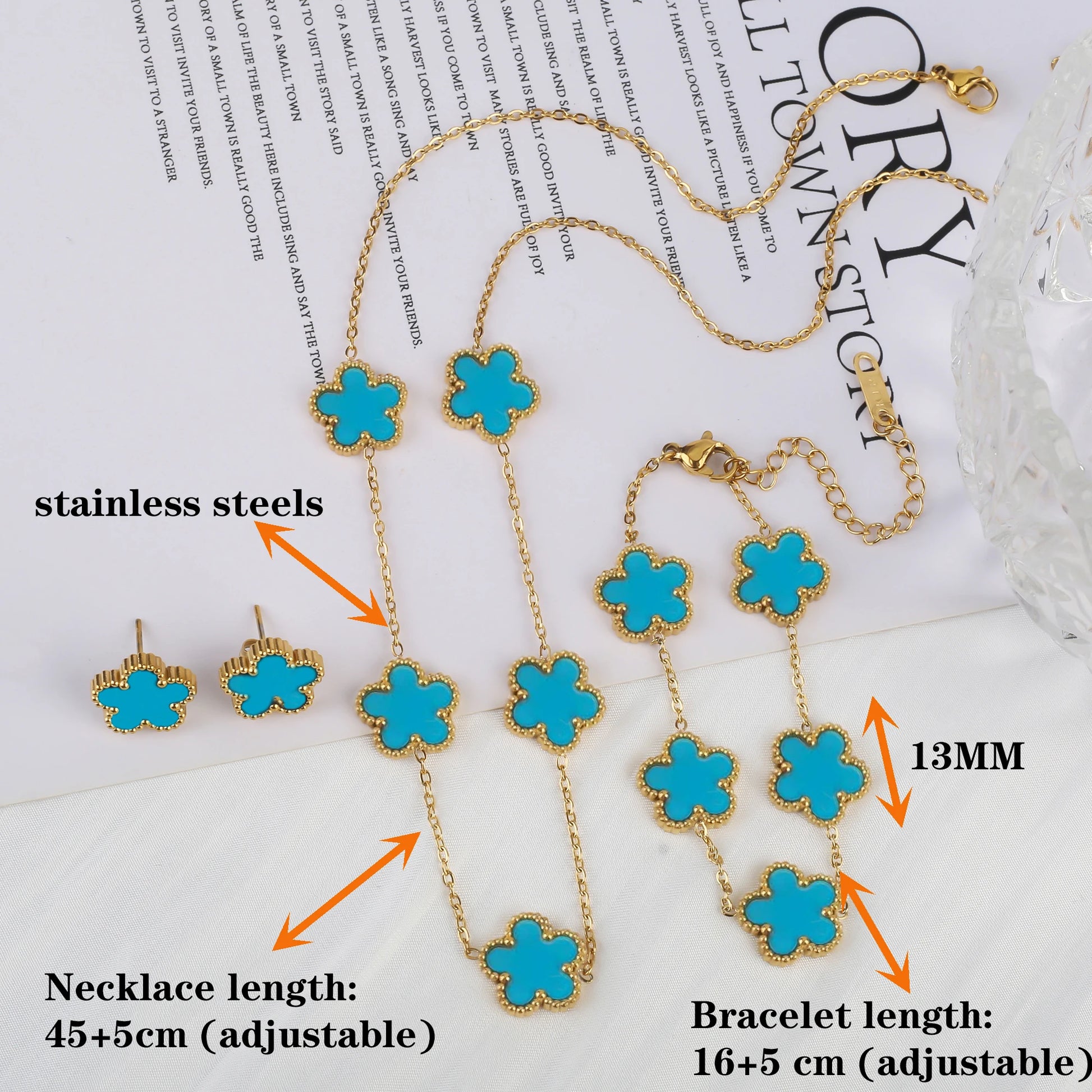3Pcs Stainless Steel Hot Selling Gold Plated Clover Necklace Earrings Bracelet Jewelry Set Five Leaf Flower Jewelry For Women