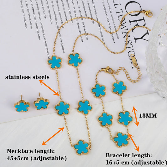 3Pcs Stainless Steel Hot Selling Gold Plated Clover Necklace Earrings Bracelet Jewelry Set Five Leaf Flower Jewelry For Women