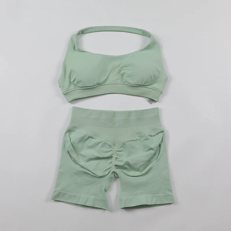 Fitness Shorts Sets Seamless Yoga Set Women 2Pcs Halter Sports Bra Scrunch Butt Gym Shorts Set Workout Clothes Summer Sportswear Badiee Stylez