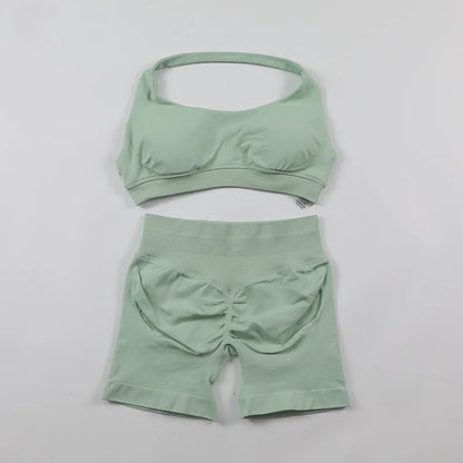 Fitness Shorts Sets Seamless Yoga Set Women 2Pcs Halter Sports Bra Scrunch Butt Gym Shorts Set Workout Clothes Summer Sportswear Badiee Stylez