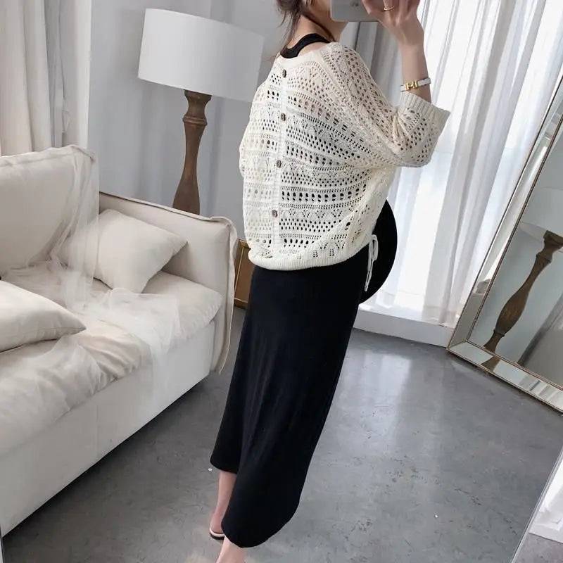 Hook Flower Hollow V-Neck Knitted Short Sleeve Pullover Sweater Loose Black Modal Sleeveless Vest Dress Sets Two Piece Set 2024