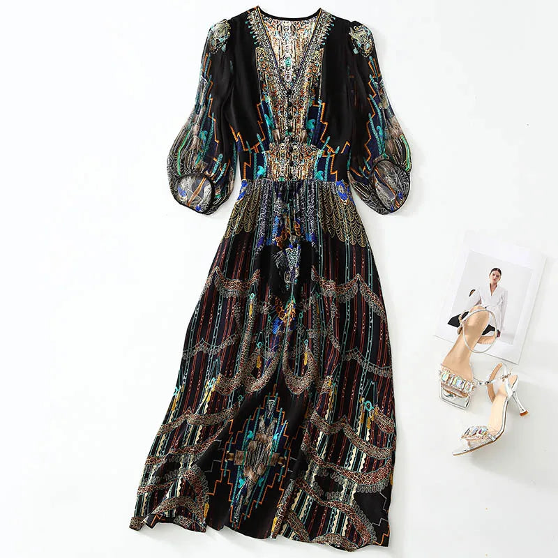 2025 Summer Bohemian Dresses For Women Elegant V-neck High Waist Women's Print Black Dress A-line 100% Real Silk Long Midi Dress Badiee Stylez