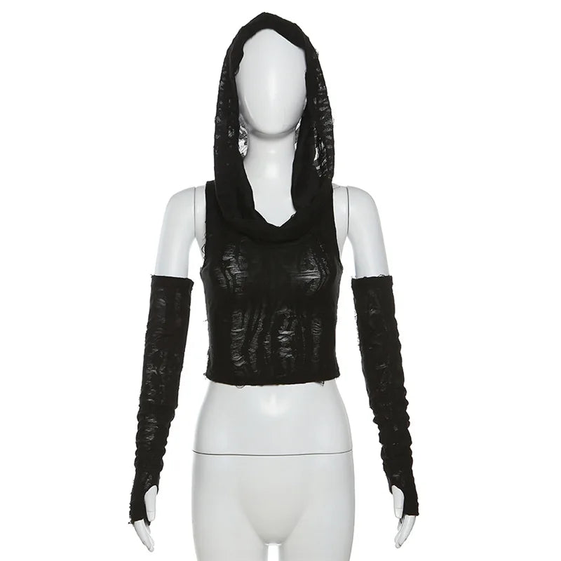 Sexy gothic teachwear Crop Top hooded Women Aesthetic T-shirts Y2K Retro Hooded Tops Streetwear Punk Tee Shirt Hottie clothes